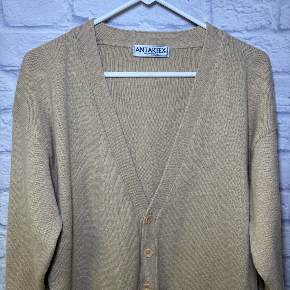 Vintage Antartex Mens Lambs Wool Cardigan Sweater Tan  Size Medium Grandpa